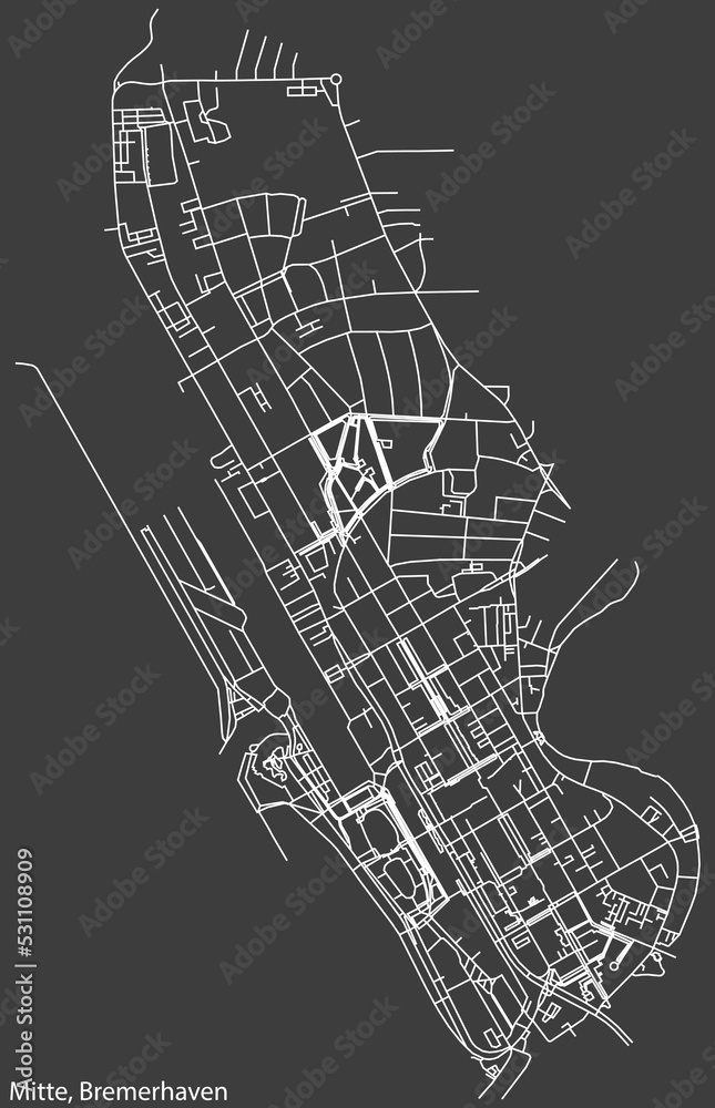 Detailed negative navigation white lines urban street roads map of the MITTE DISTRICT of the German regional capital city of Bremerhaven, Germany on dark gray background