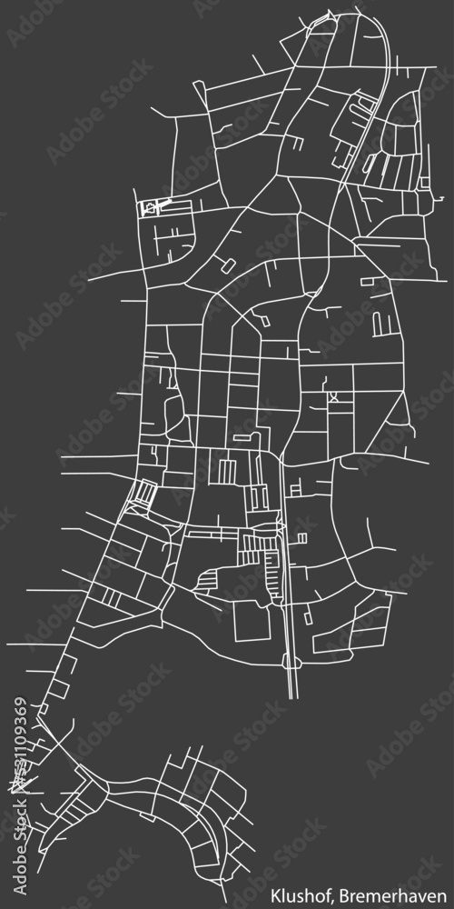 Detailed negative navigation white lines urban street roads map of the KLUSHOF QUARTER of the German regional capital city of Bremerhaven, Germany on dark gray background