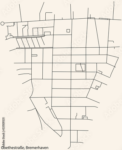 Detailed navigation black lines urban street roads map of the GOETHESTRASSE QUARTER of the German regional capital city of Bremerhaven, Germany on vintage beige background photo