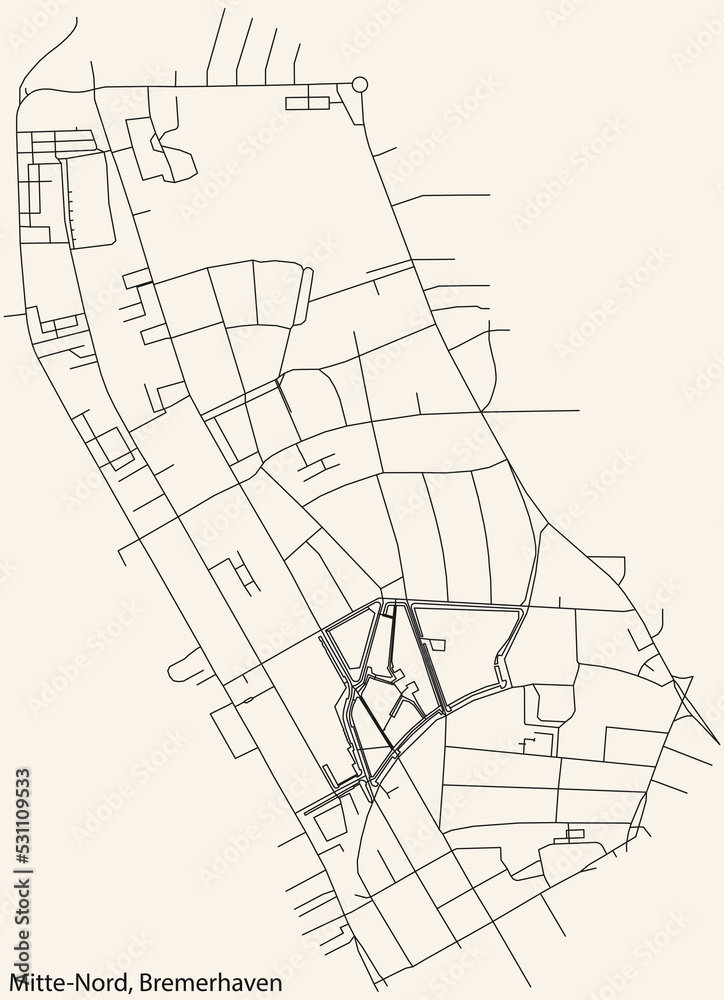 Detailed navigation black lines urban street roads map of the MITTE-NORD QUARTER of the German regional capital city of Bremerhaven, Germany on vintage beige background