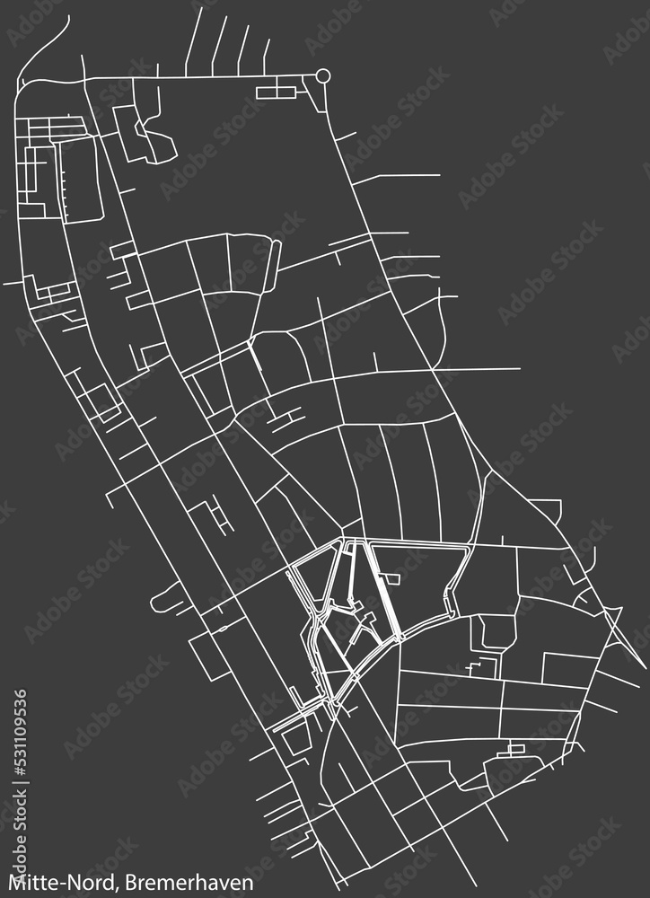 Detailed negative navigation white lines urban street roads map of the MITTE-NORD QUARTER of the German regional capital city of Bremerhaven, Germany on dark gray background