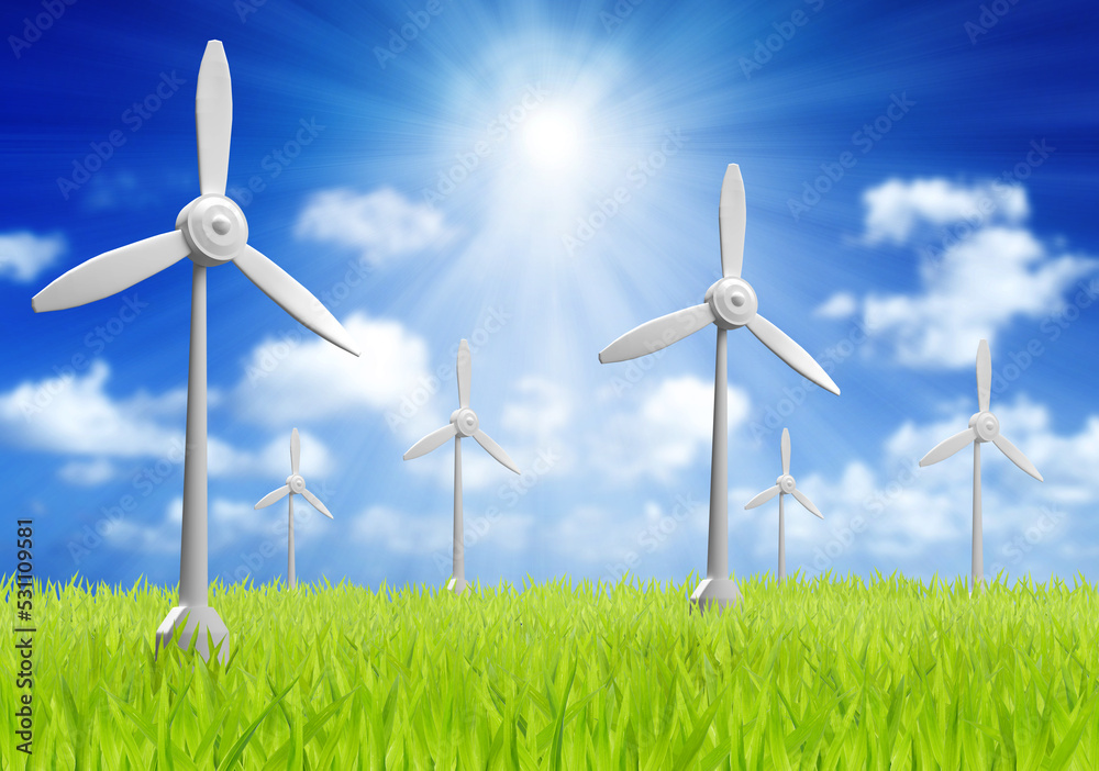3D rendering wind turbine on green fields. green energy solution - obrazy, fototapety, plakaty 