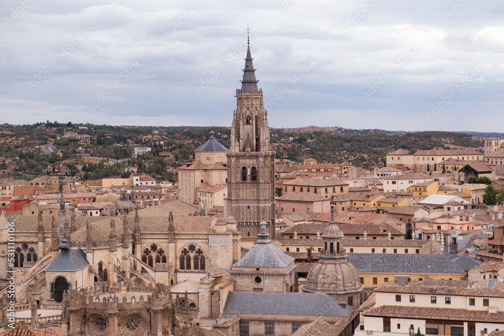 Panoramic view of Toledo, Spain, UNESCO world heritage site. Detail of the cathedral