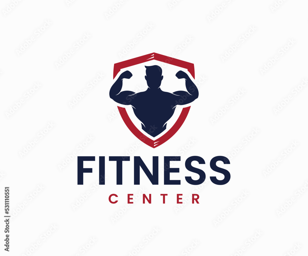 Fitness gym logo with athletic man training black and red vector