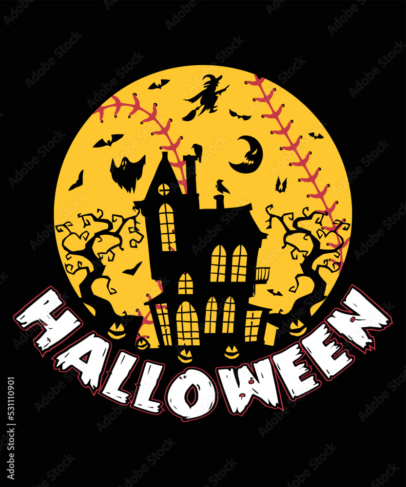 Halloween Baseball Illustration T Shirt, Halloween House Shirt, Happy Halloween Tree, Witch, Pumpkin Face Shirt Print Template
