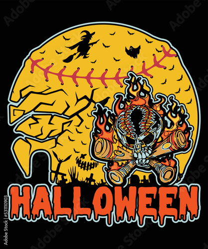 Halloween Softball Illustration T Shirt, Happy Halloween Baseball Illustration Shirt, Halloween Scary Skull Shirt, Halloween Witch, Bats Fire Skull Shirt Print Template