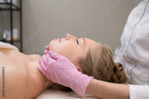 Cosmetologist gives a facial massage to a girl in the salon. Spa concept relaxation and self-care
