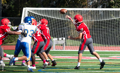 Football quarterback passing the ball over his lineman photo