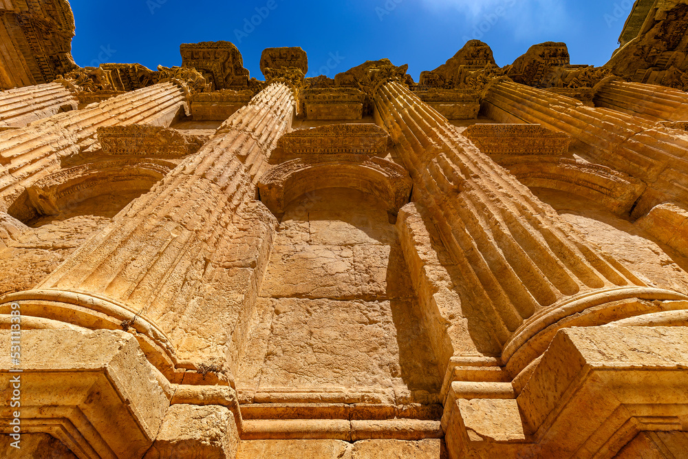 Lebanon. Baalbek (UNESCO World Heritage Site), ancient Heliopolis in Greek and Roman period. The Temple of Bacchus - details of facade