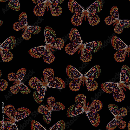 Original background fantastic red butterflies on black, texture retro vintage style, exotic seamless pattern