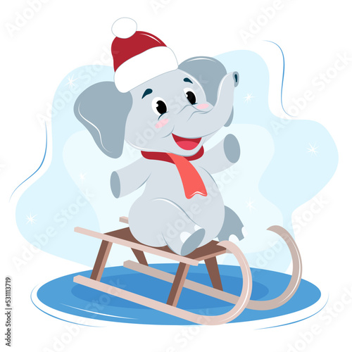 baby elephant in a New Year's hat and scarf sledding, winter entertainment