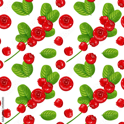 Seamless pattern with red berries and green leaves on a white background. Background with cowberry for fabric, wallpaper or packaging. Vector illustration.