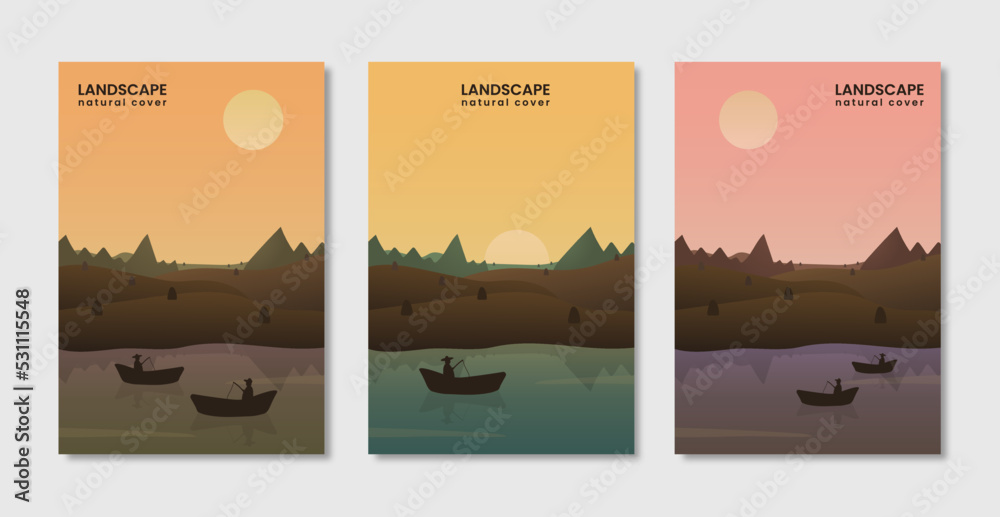 Flat landscape nature illustration with fishing. Sunset landscape cover design. Fishing on the river poster. 