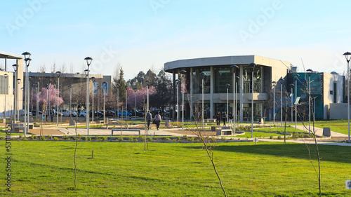 View of Modern buildings on the Campus of public University of Talca, Chile during sunny spring afternoon