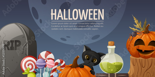 Halloween background. Tombstone, sweets, pumpkins, a black cat, potion with witch books. Vector horizontal illustration with space for text. For banner, poster, flyer, website interface