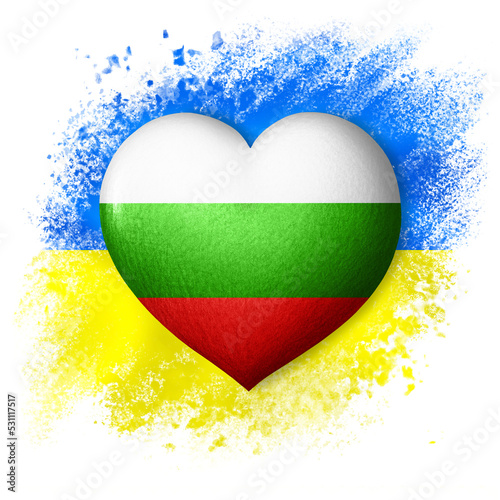 Flags of Ukraine and Bulgaria. Heart color of the flag on the background of the painted flag of Ukraine. The concept of protection. Military and humanitarian assistance.