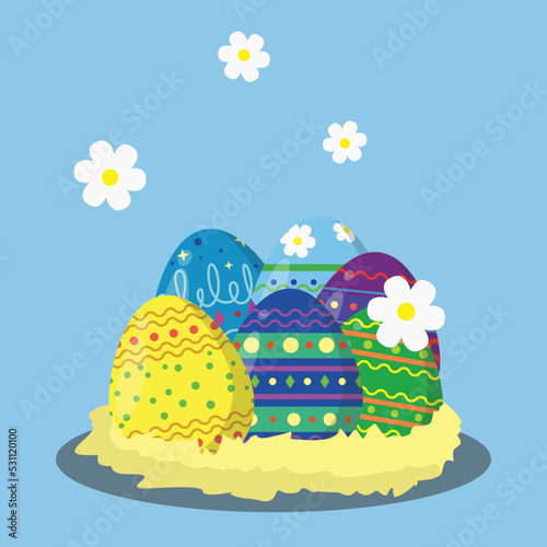 set easer eggs and drop flower on blue background vector illustration EPS10 photo