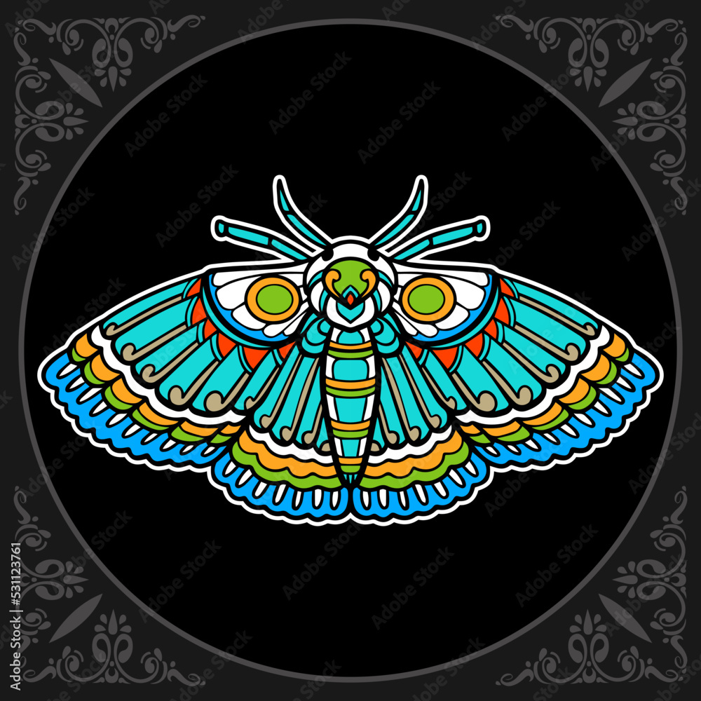 Colorful moth mandala arts isolated on black background
