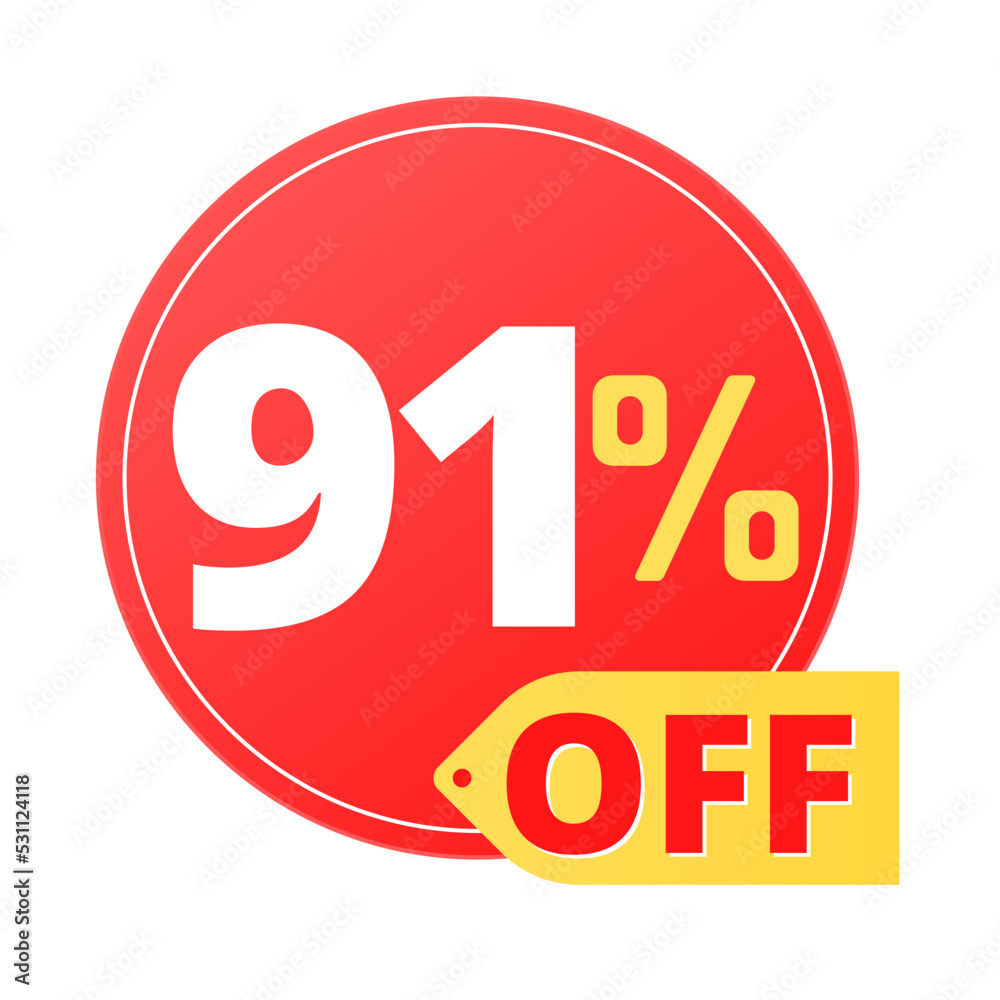 91% off limited special offer. Discount banner in red and yellow circular balloon, super discount. Ninety one 91% off limited special offer. Discount banner in red and yellow circular balloon, super discount. Ninety one