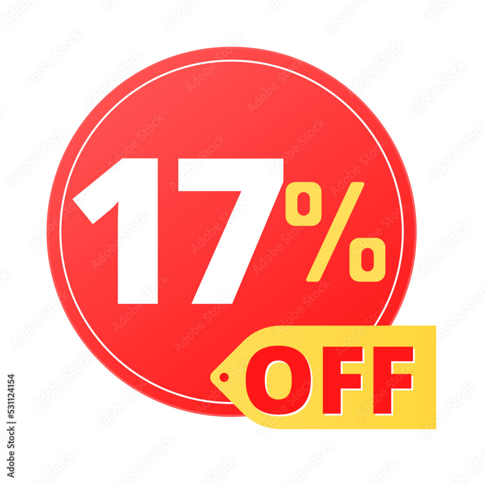 17% off limited special offer. Discount banner in red and yellow circular balloon, super discount. Seventeen 17% off limited special offer. Discount banner in red and yellow circular balloon, super discount. Seventeen