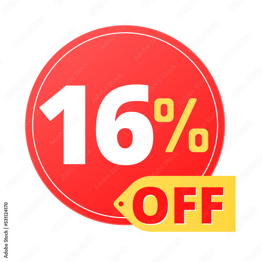 16% off limited special offer. Discount banner in red and yellow circular balloon, super discount. sixteen 16% off limited special offer. Discount banner in red and yellow circular balloon, super discount. sixteen