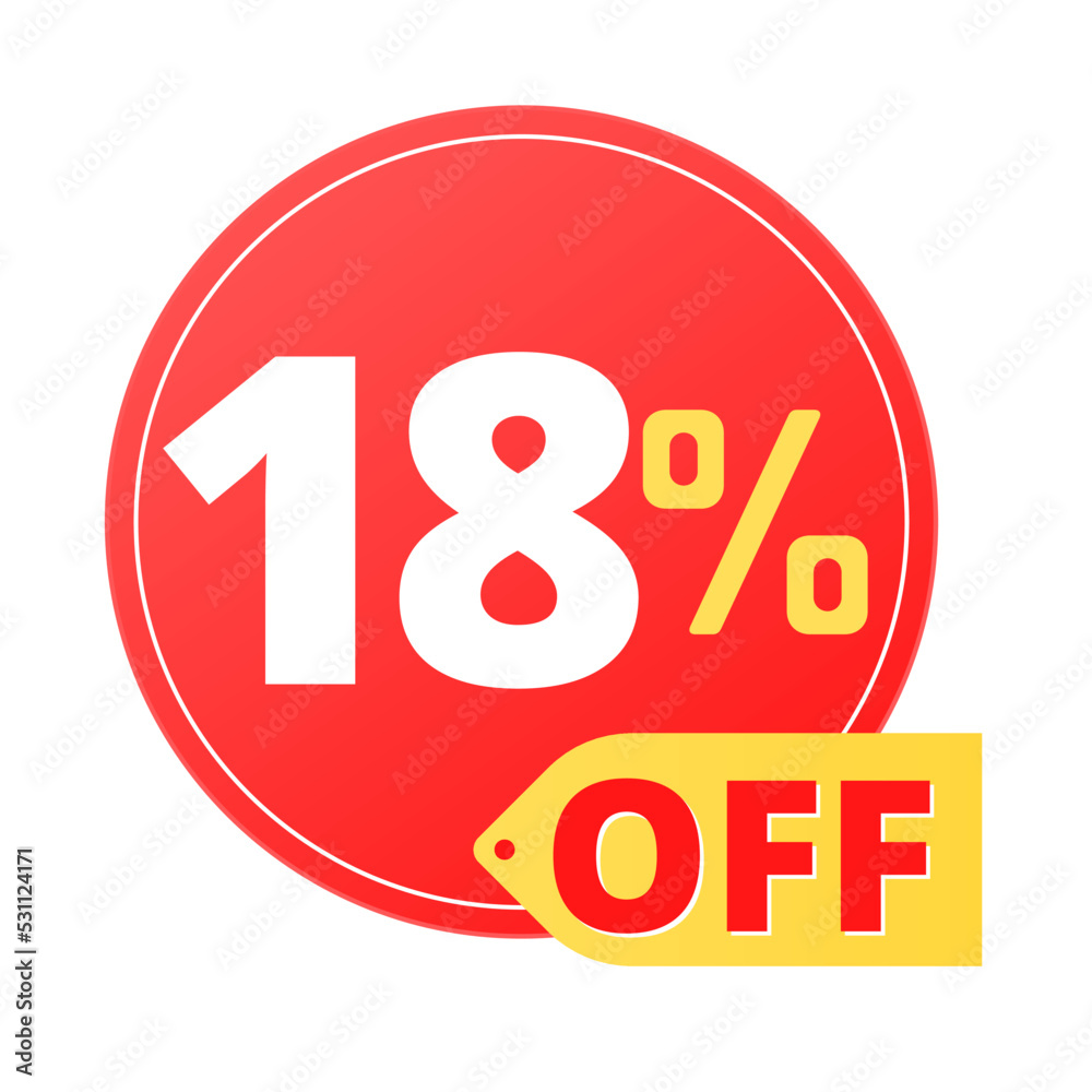 18% off limited special offer. Discount banner in red and yellow circular balloon, super discount. Eighteen 18% off limited special offer. Discount banner in red and yellow circular balloon, super discount. Eighteen