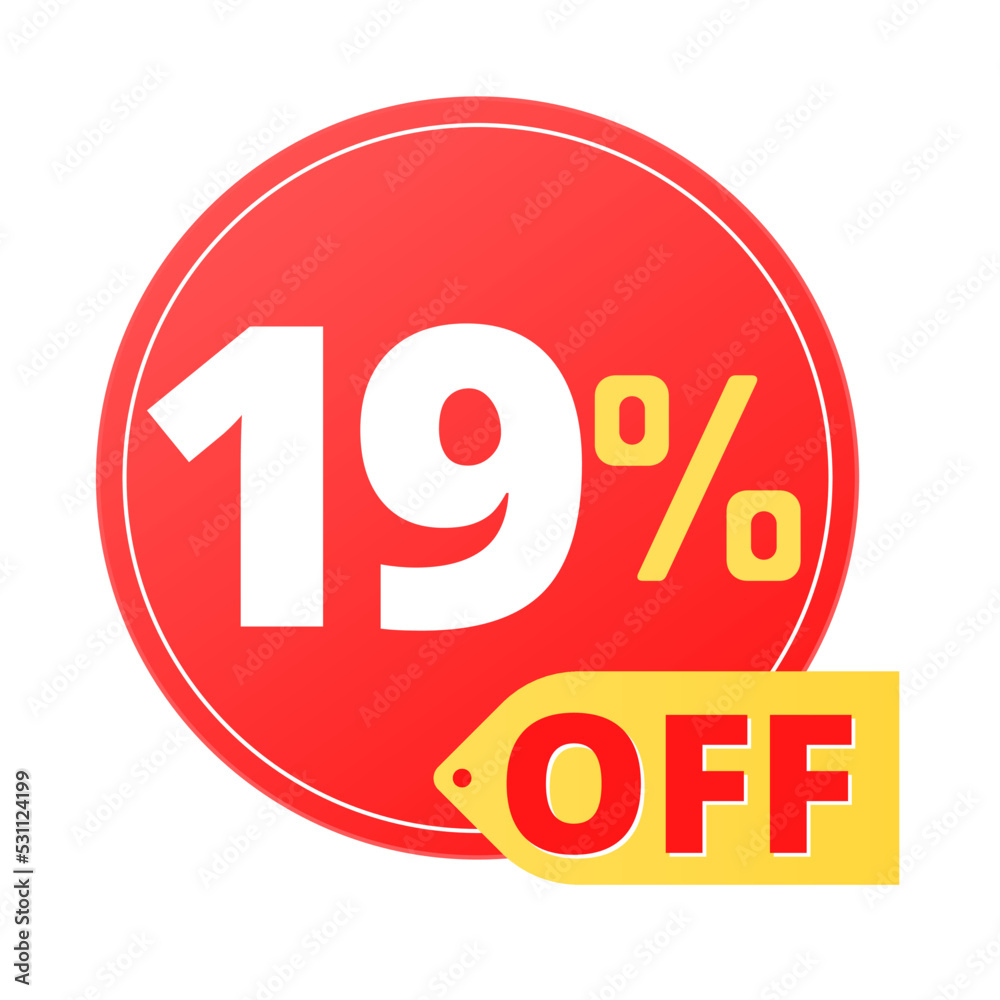 19% off limited special offer. Discount banner in red and yellow circular balloon, super discount. Nineteen 19% off limited special offer. Discount banner in red and yellow circular balloon, super discount. Nineteen