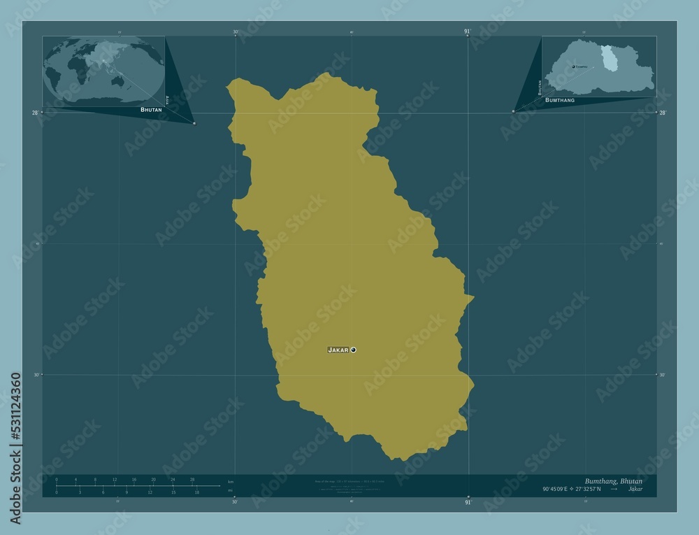 Bumthang, Bhutan. Solid. Labelled points of cities