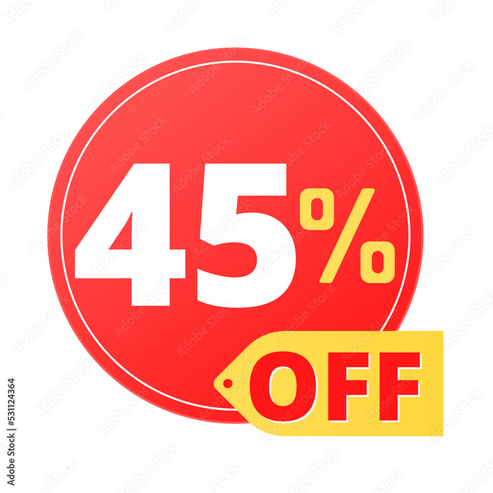 45% off limited special offer. Discount banner in red and yellow circular balloon, super discount. Forty five 45% off limited special offer. Discount banner in red and yellow circular balloon, super discount. Forty five
