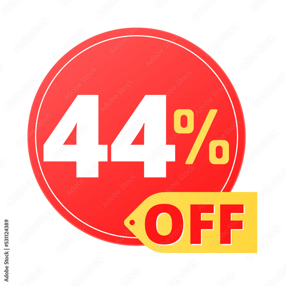44% off limited special offer. Discount banner in red and yellow circular balloon, super discount. Forty-four 44% off limited special offer. Discount banner in red and yellow circular balloon, super discount. Forty-four