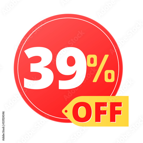 39% off limited special offer. Discount banner in red and yellow circular balloon, super discount. Thirty-nine