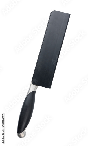 Large kitchen knife in a plastic sheath isolated on white background