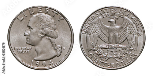 Close-up of a US Quarter dollar 1994, PNG, isolated on transparent background