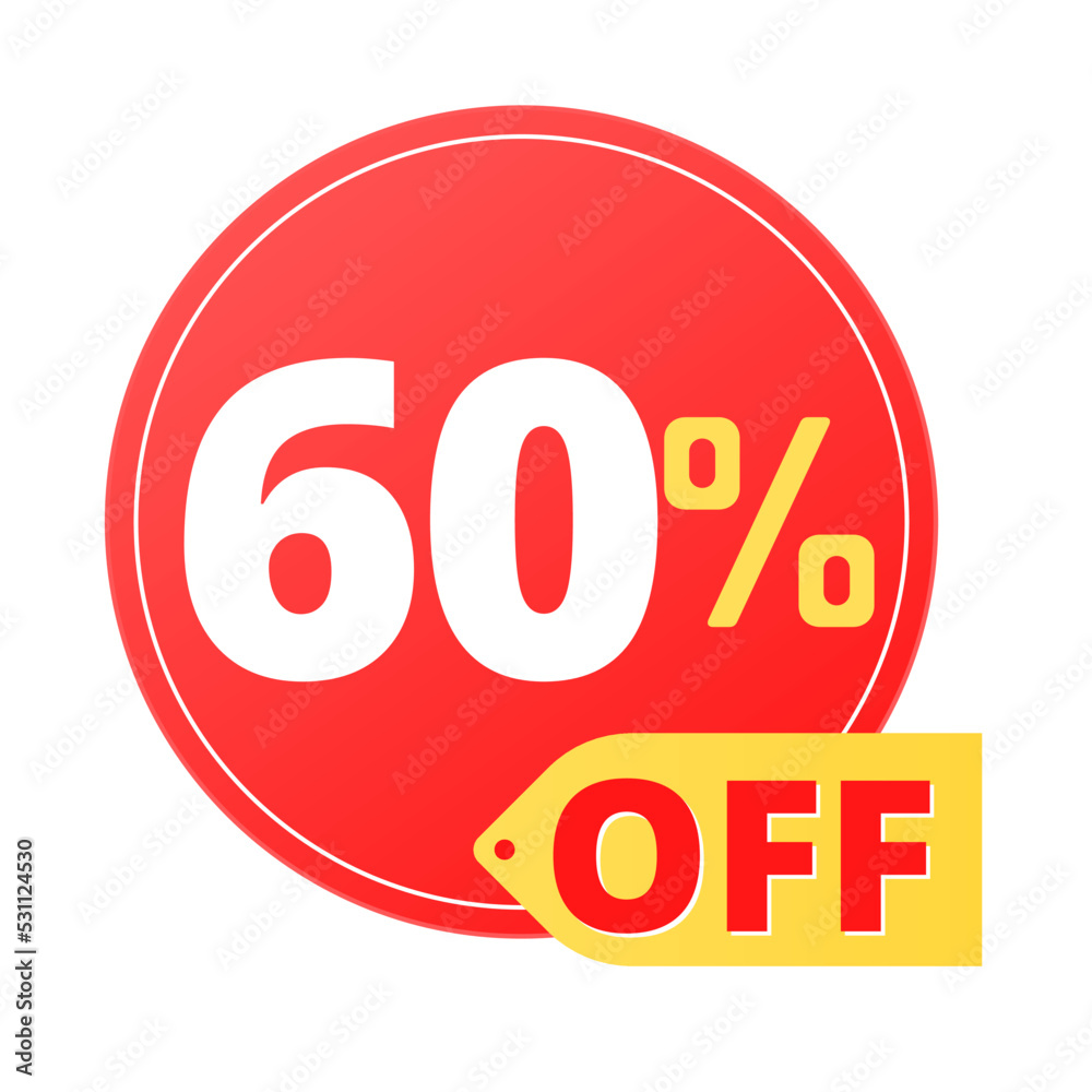 60% off limited special offer. Discount banner in red and yellow circular balloon, super discount. Sixty 60% off limited special offer. Discount banner in red and yellow circular balloon, super discount. Sixty