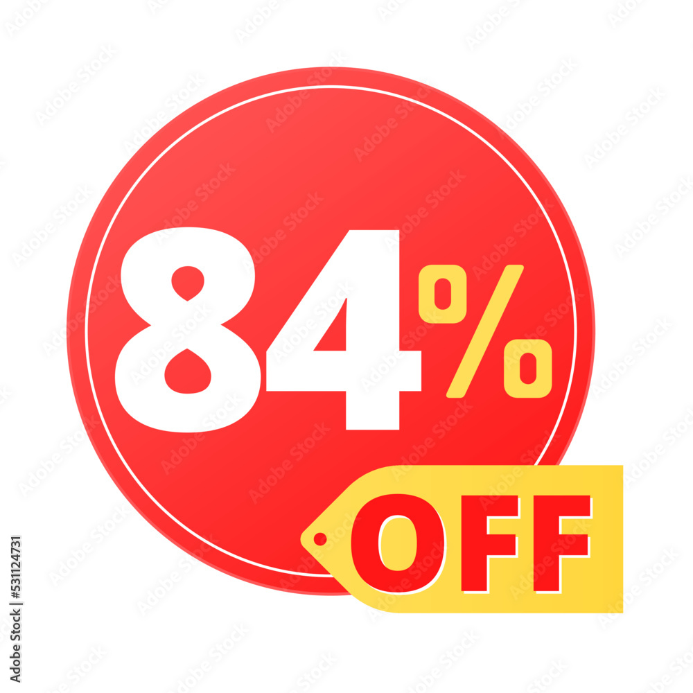 84% off limited special offer. Discount banner in red and yellow circular balloon, super discount. Eighty four 84% off limited special offer. Discount banner in red and yellow circular balloon, super discount. Eighty four