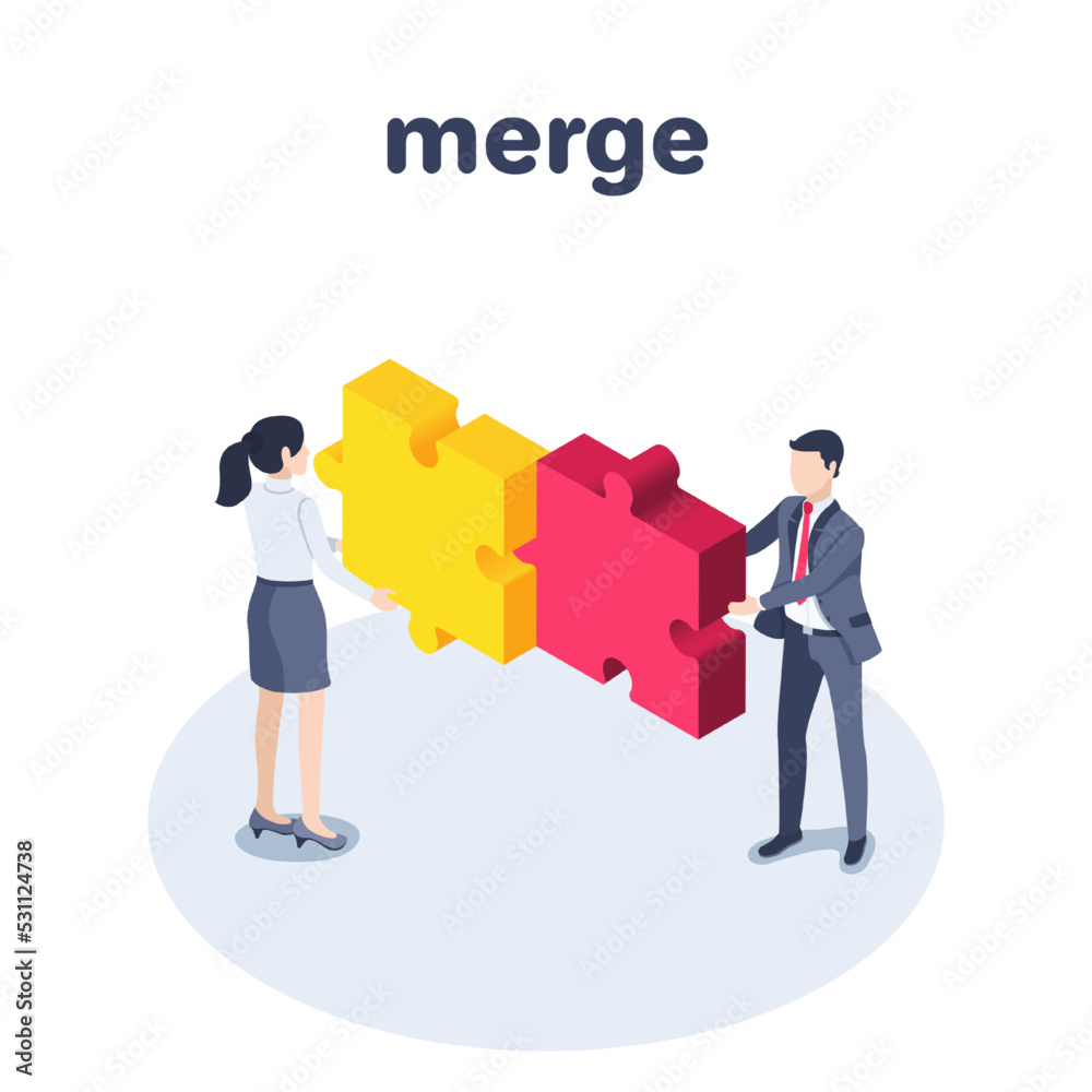 isometric vector illustration on a white background, a man and a woman in business clothes connect different puzzle pieces, merge or teamwork isometric vector illustration on a white background, a man and a woman in business clothes connect different puzzle pieces, merge or teamwork