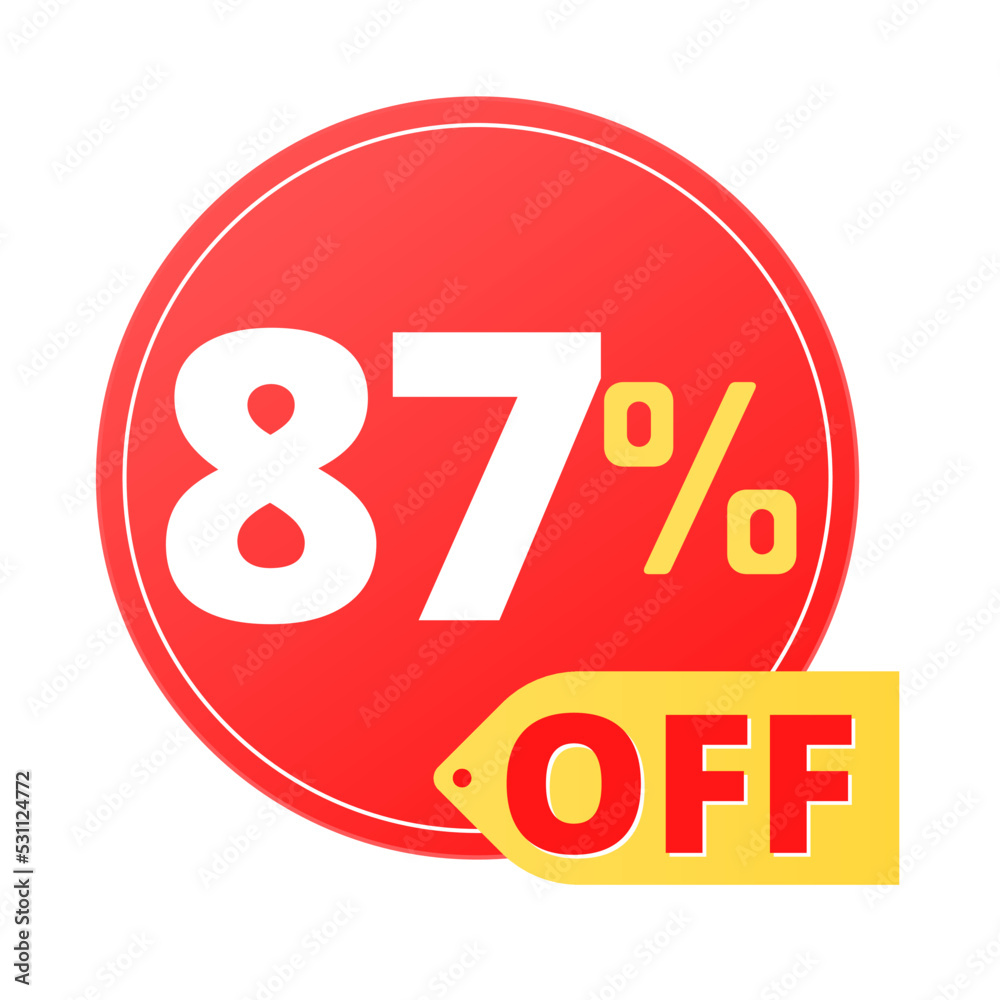 87% off limited special offer. Discount banner in red and yellow circular balloon, super discount. Eighty-seven 87% off limited special offer. Discount banner in red and yellow circular balloon, super discount. Eighty-seven