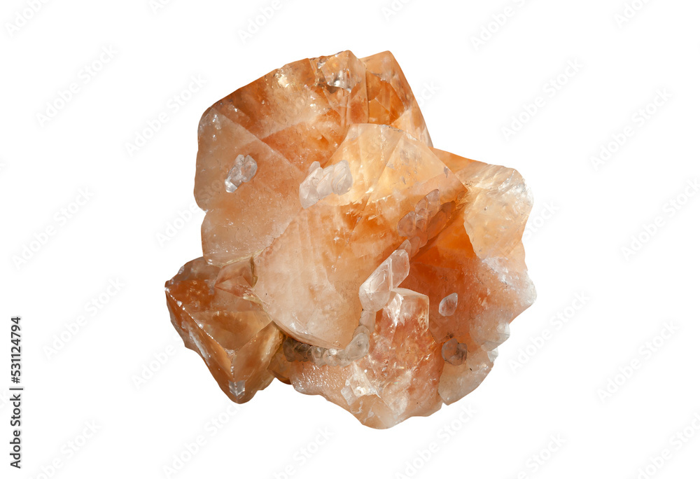 A sample of a natural mineral transparent crystal Calcite (carbonate class) intergrowth of rhombohedral crystals, polymorph of calcium carbonate. Museum Mineral Series. Mineralogical sample