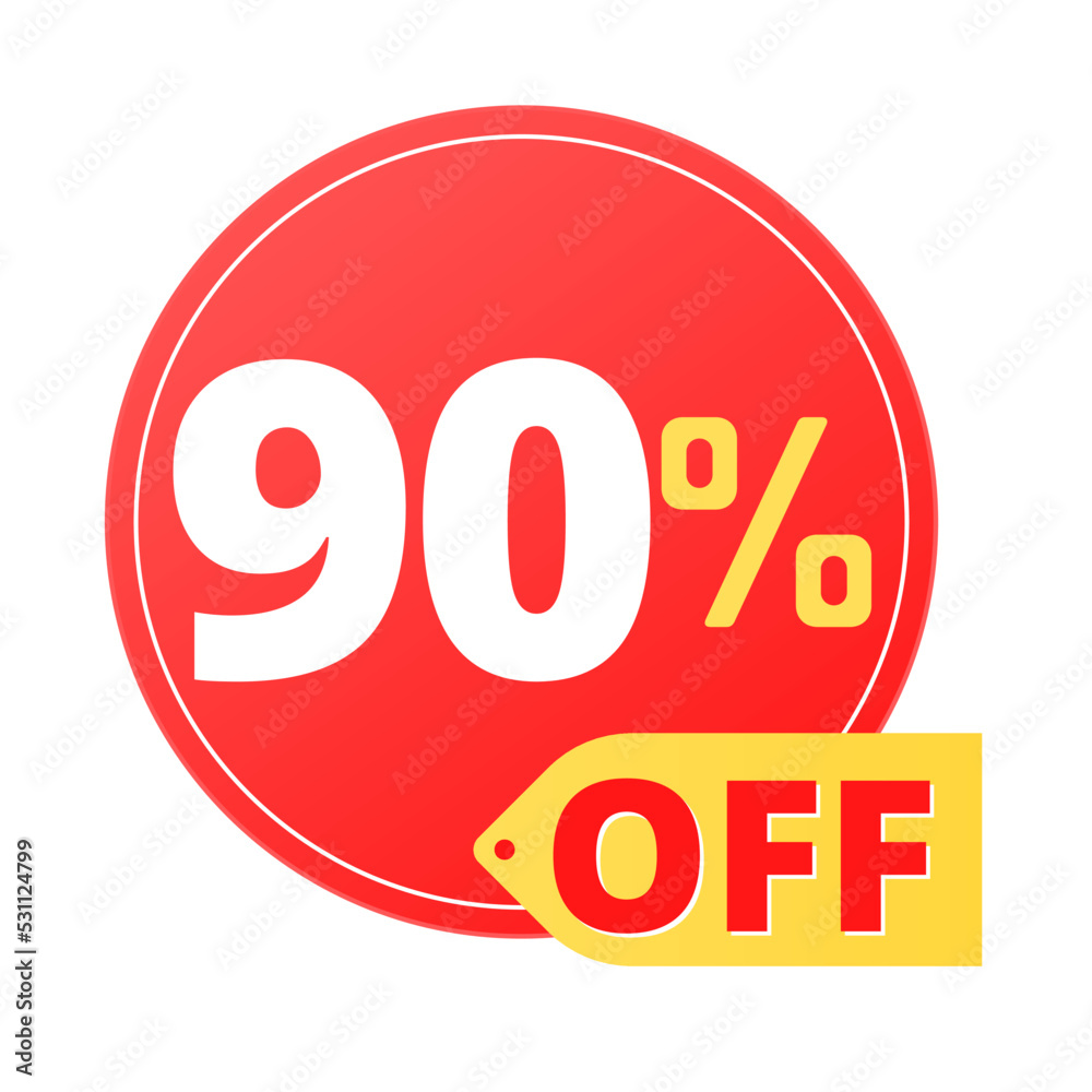 90% off limited special offer. Discount banner in red and yellow circular balloon, super discount. ninety 90% off limited special offer. Discount banner in red and yellow circular balloon, super discount. ninety