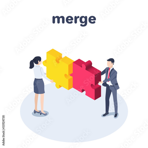 isometric vector illustration on a white background, a man and a woman in business clothes connect different puzzle pieces, merge or teamwork
