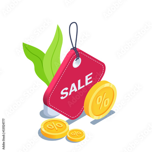isometric vector illustration isolated on white background, red color price tag with drawstring and coins, big sale or hot price