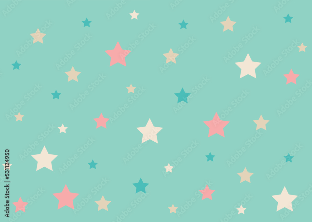 Cute childish pattern with stars. Turquoise background with multicolored stars. Pink, blue and milk stars. Vector
