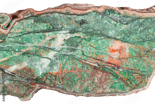 A sample of a natural mineral Listvenite, metasomatic rock, polished rock fragment in chalcedony. Museum Mineral Series. Mineralogical sample on white photo