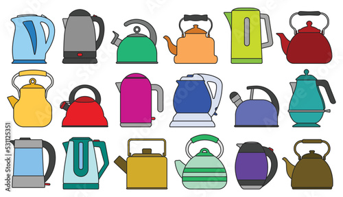 Kettle isolated color set icon. Vector color set icon electric teapot. Vector illustration kettle on white background.