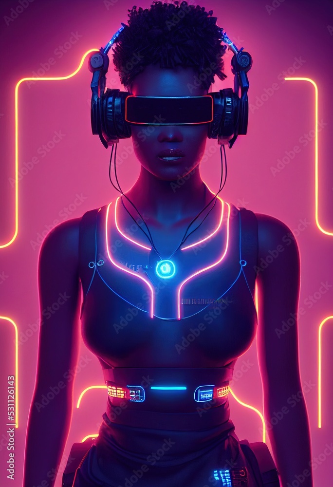 A realistic portrait of a ebony girl wearing a cyberpunk headset and ...
