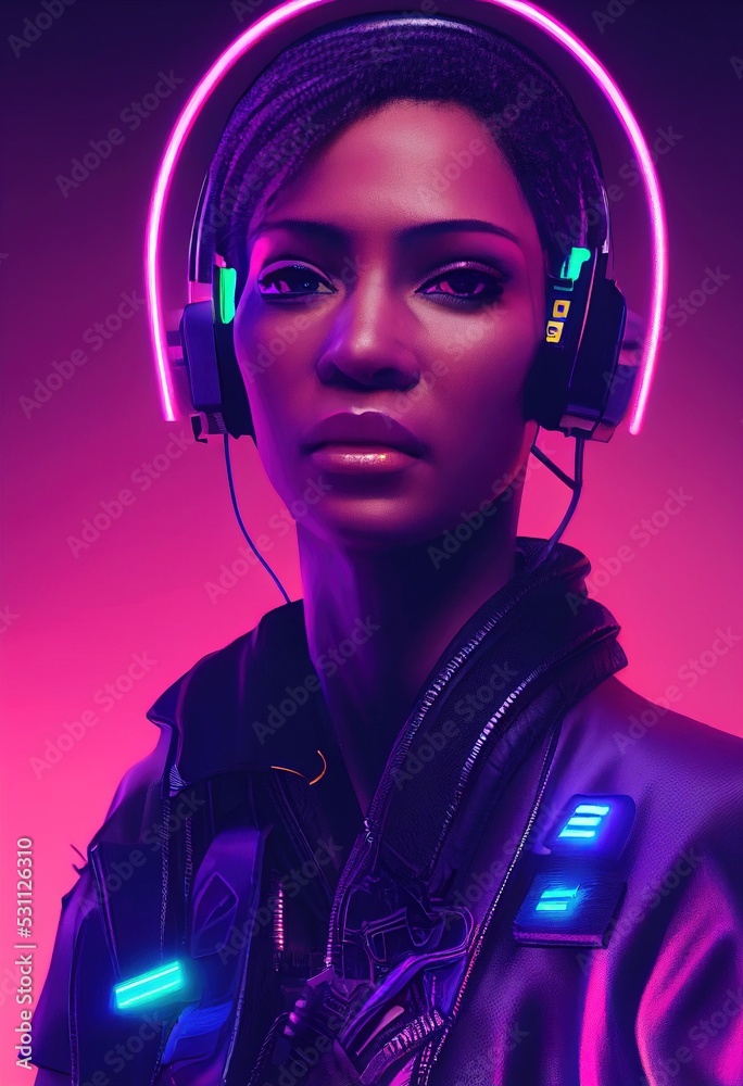 A realistic portrait of a ebony girl wearing a cyberpunk headset and ...