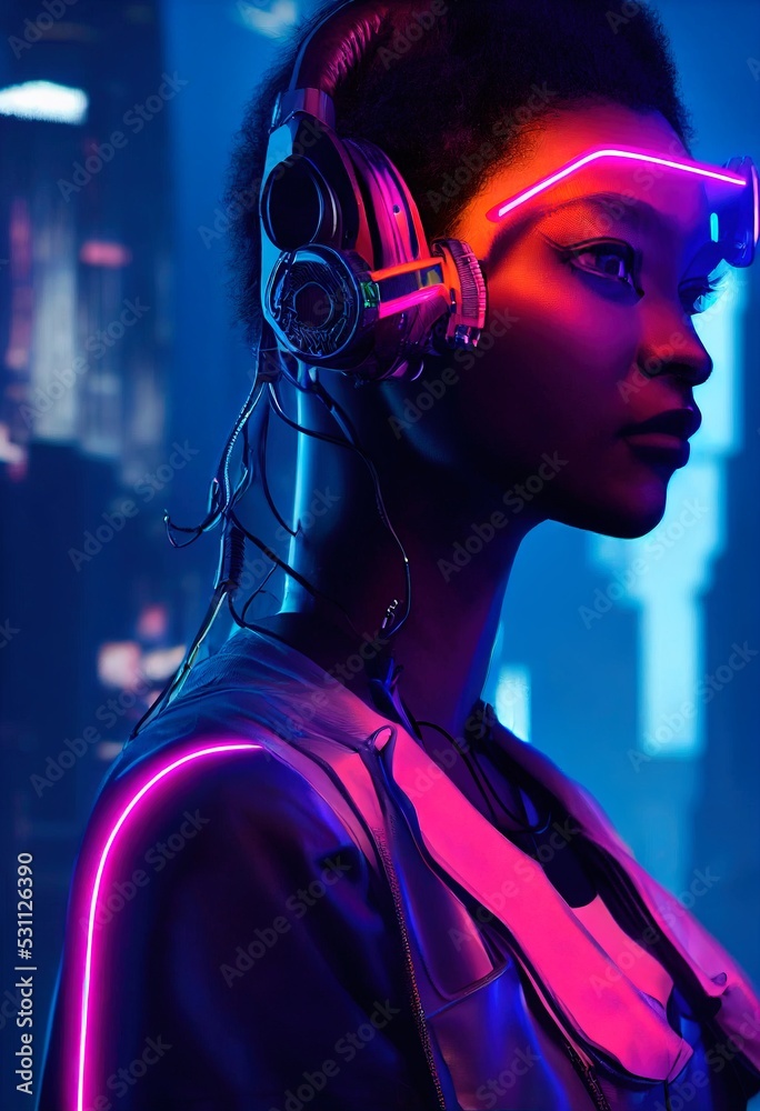 A realistic portrait of a ebony girl wearing a cyberpunk headset and ...