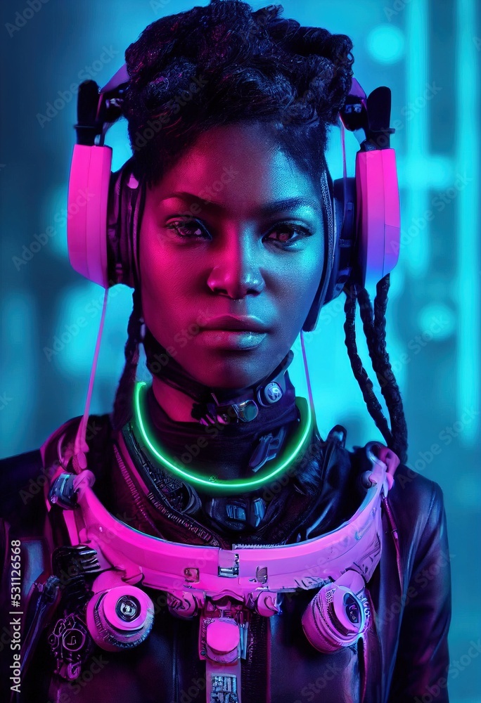 A realistic portrait of a ebony girl wearing a cyberpunk headset and ...