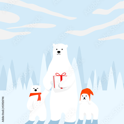 polar bear family  The mother bear stood holding a gift box and held the hand of a polar bear cub who was wearing a scarf and wearing a red knit hat.