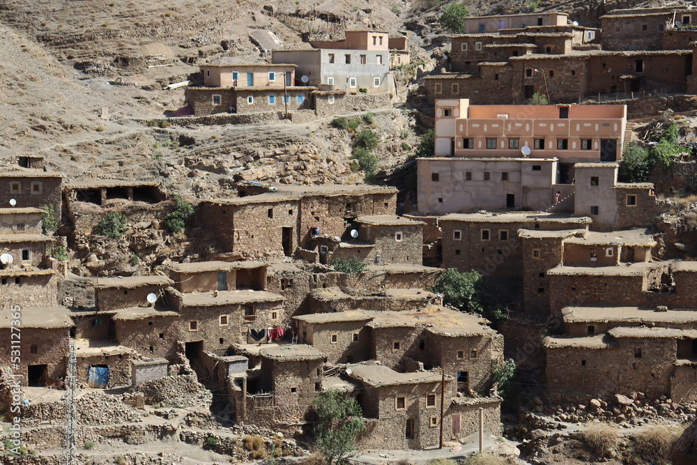 Traditional village of the High Atlas in Morocco. Built with adobe houses.